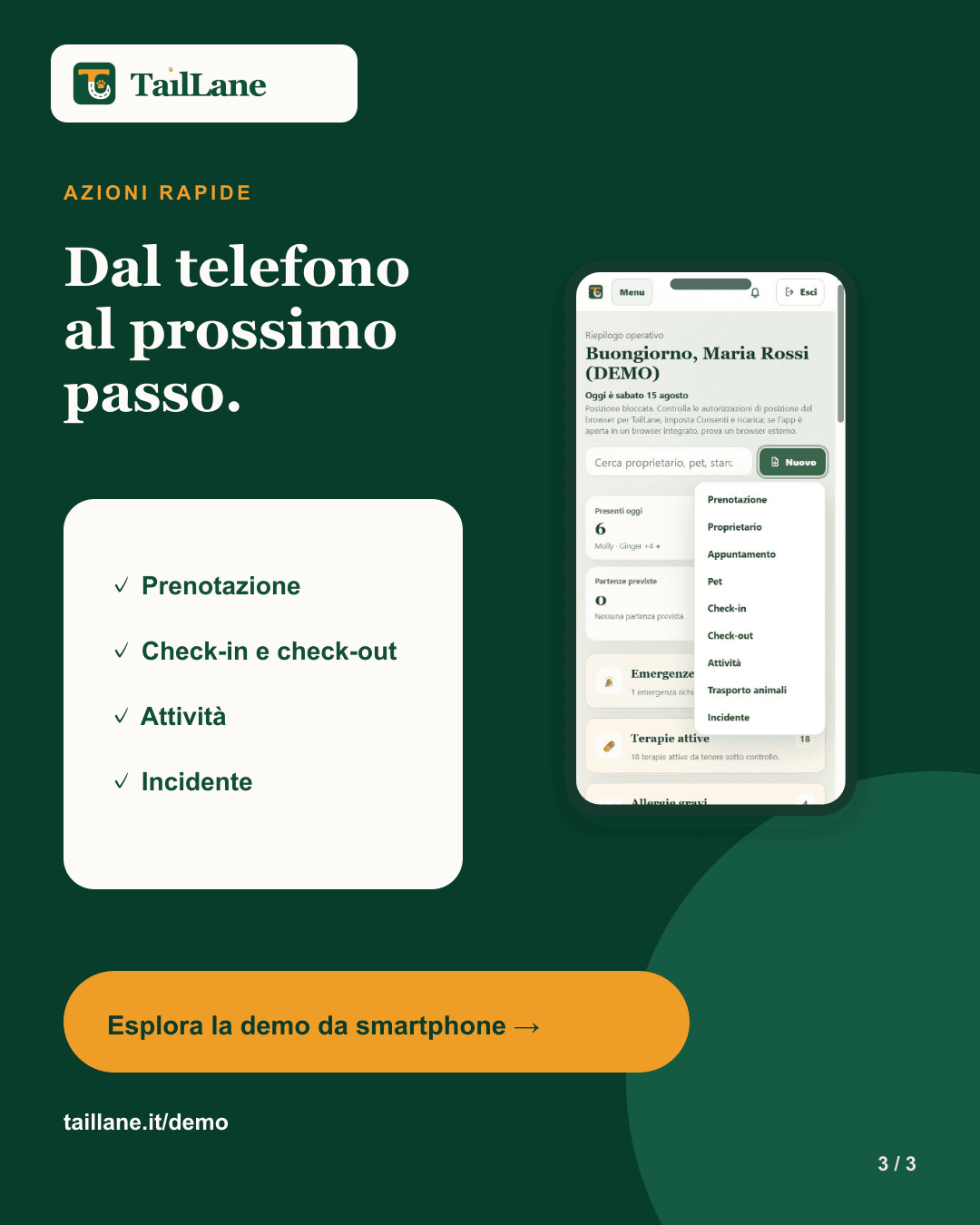 Dark-green TailLane carousel with the mobile quick-actions menu for booking, check-in, check-out, tasks and incidents, plus an invitation to explore the public demo on a smartphone.