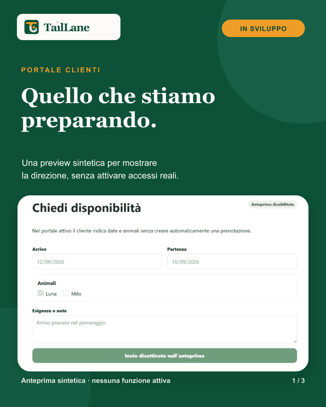 Green TailLane carousel labelled In development, titled Client portal: what we are preparing, with a demonstrative screen of the inactive Request availability section.