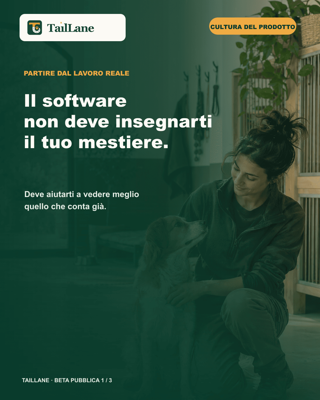 TailLane carousel with an editorial photograph of a pet-care professional and a dog in a bright facility, the canonical wordmark and the title Software should not teach you your own job. The copy says software should help people see what already matters; there are no application screens, third-party brands or personal data.