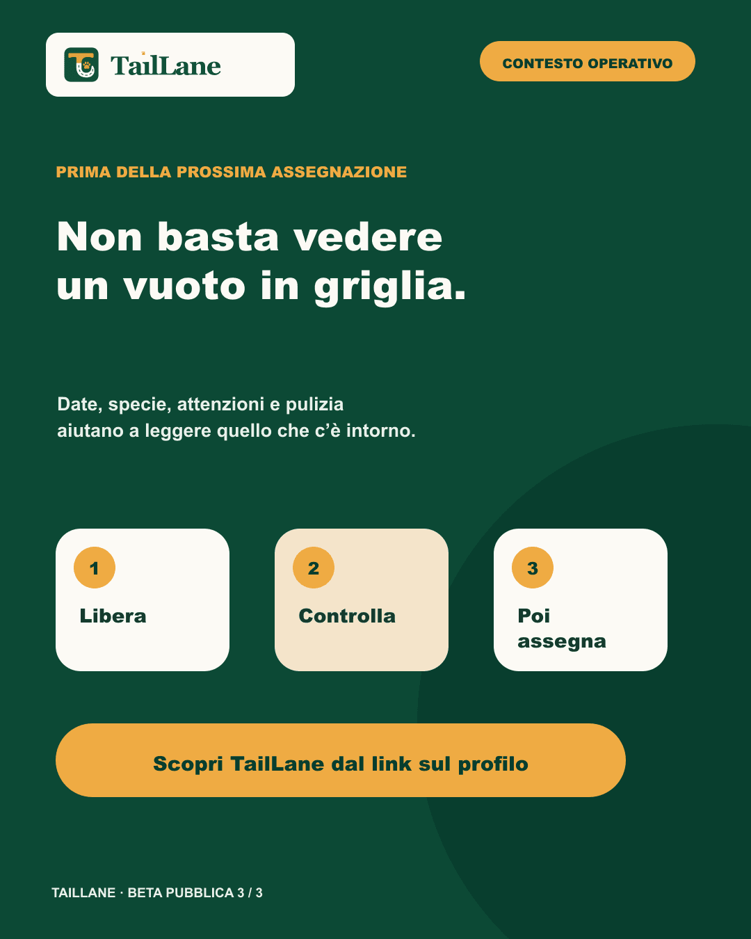 Dark-green slide titled An empty space in the grid is not enough with an abstract sequence: free, check, then assign, and a neutral call to action towards the profile link. The graphic does not claim that TailLane automatically determines room readiness.