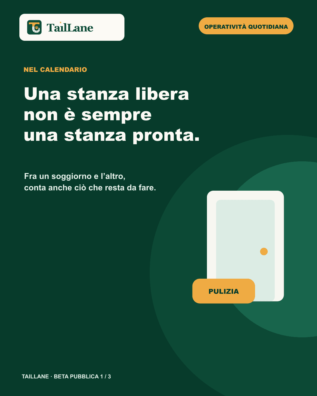 Dark-green TailLane carousel with the canonical wordmark and the title An empty room is not always a ready room. An abstract illustration shows a door and a Cleaning card; there are no application screens, personal data or third-party brands.