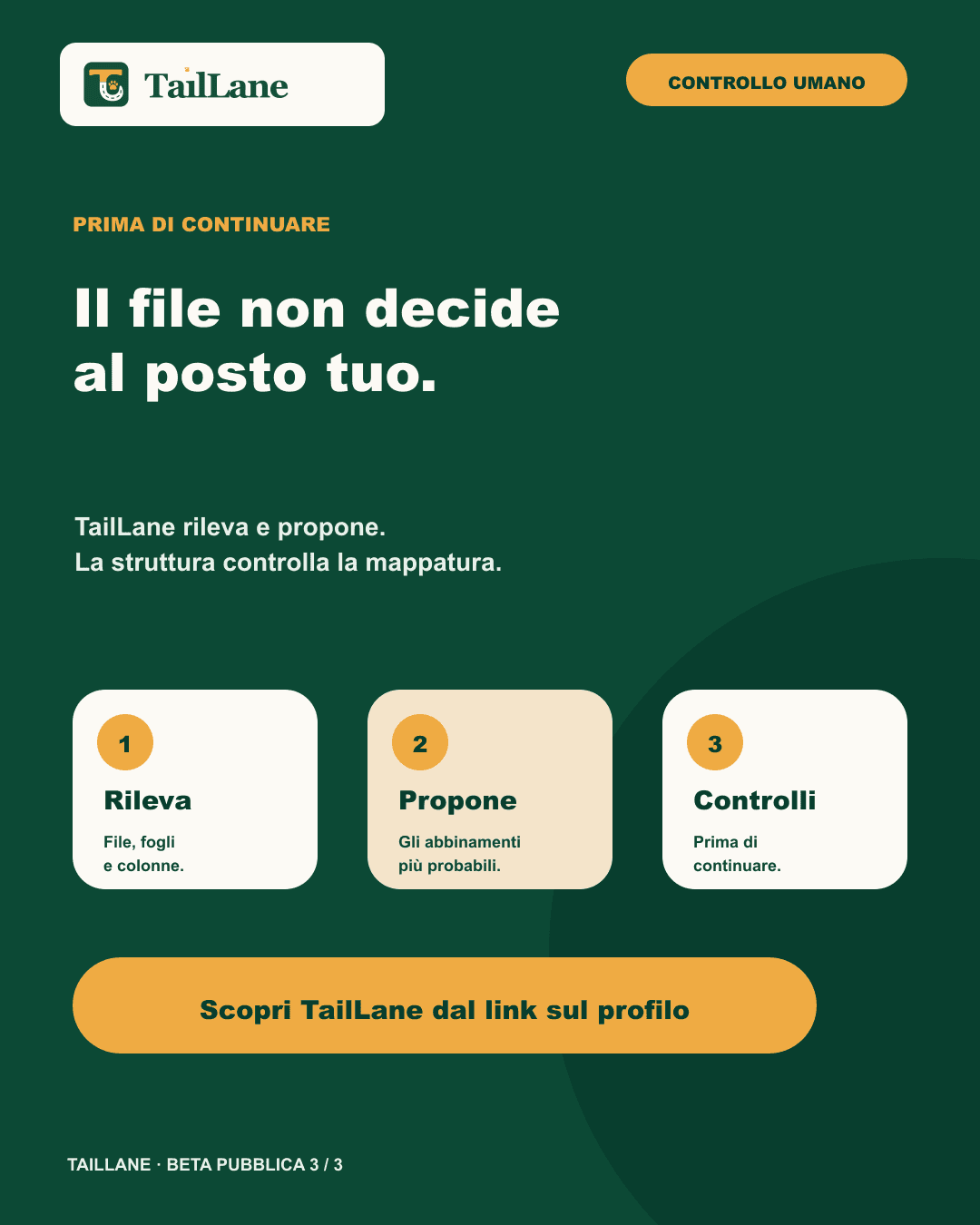 Green slide titled The file does not decide for you with three steps: detect files, sheets and columns; suggest likely matches; the facility reviews them before continuing. A neutral call to action points to the profile link.