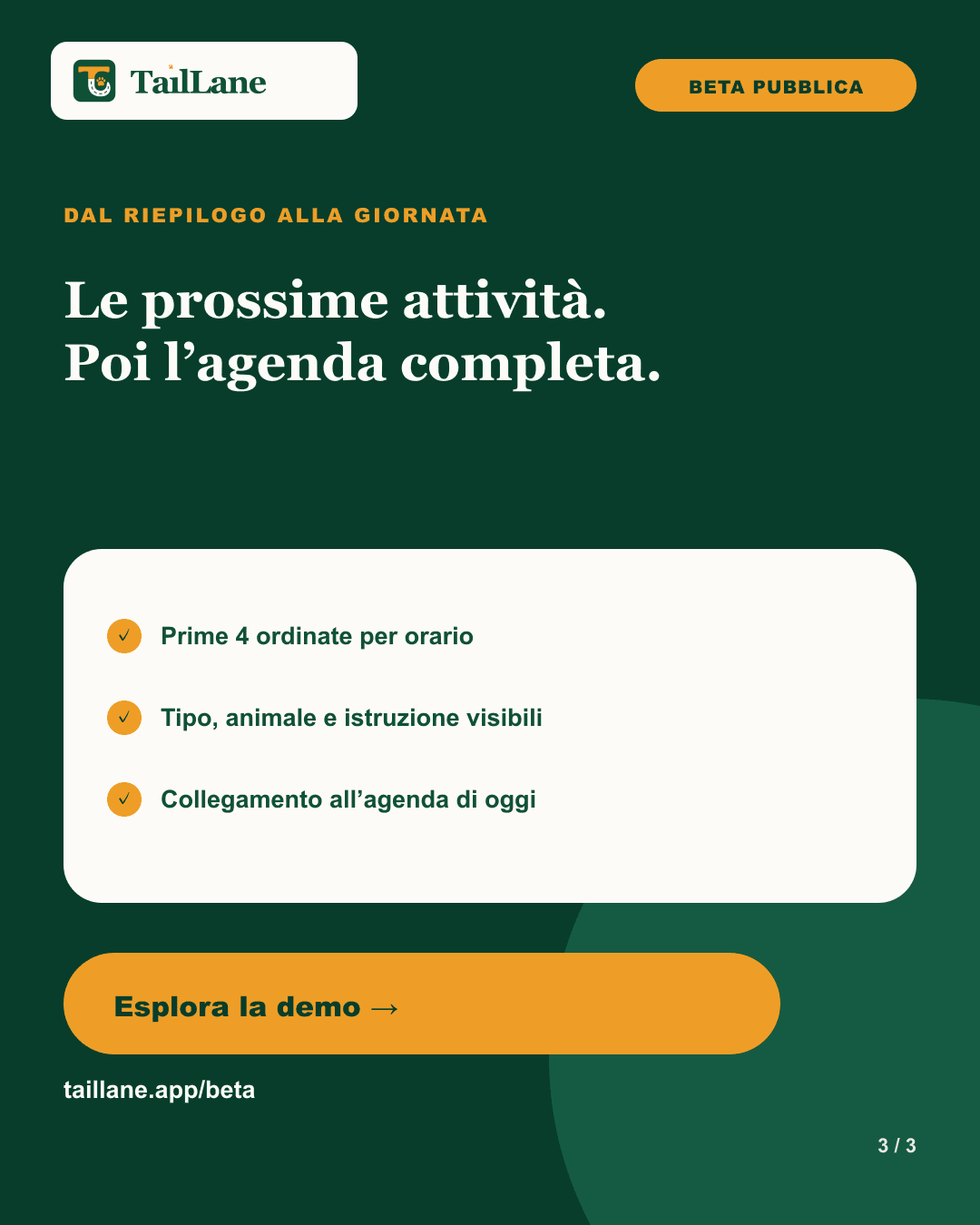 Dark-green TailLane carousel titled Upcoming activities. Then the full agenda, with three verified points about the Dashboard summary and an invitation to explore the public demo.