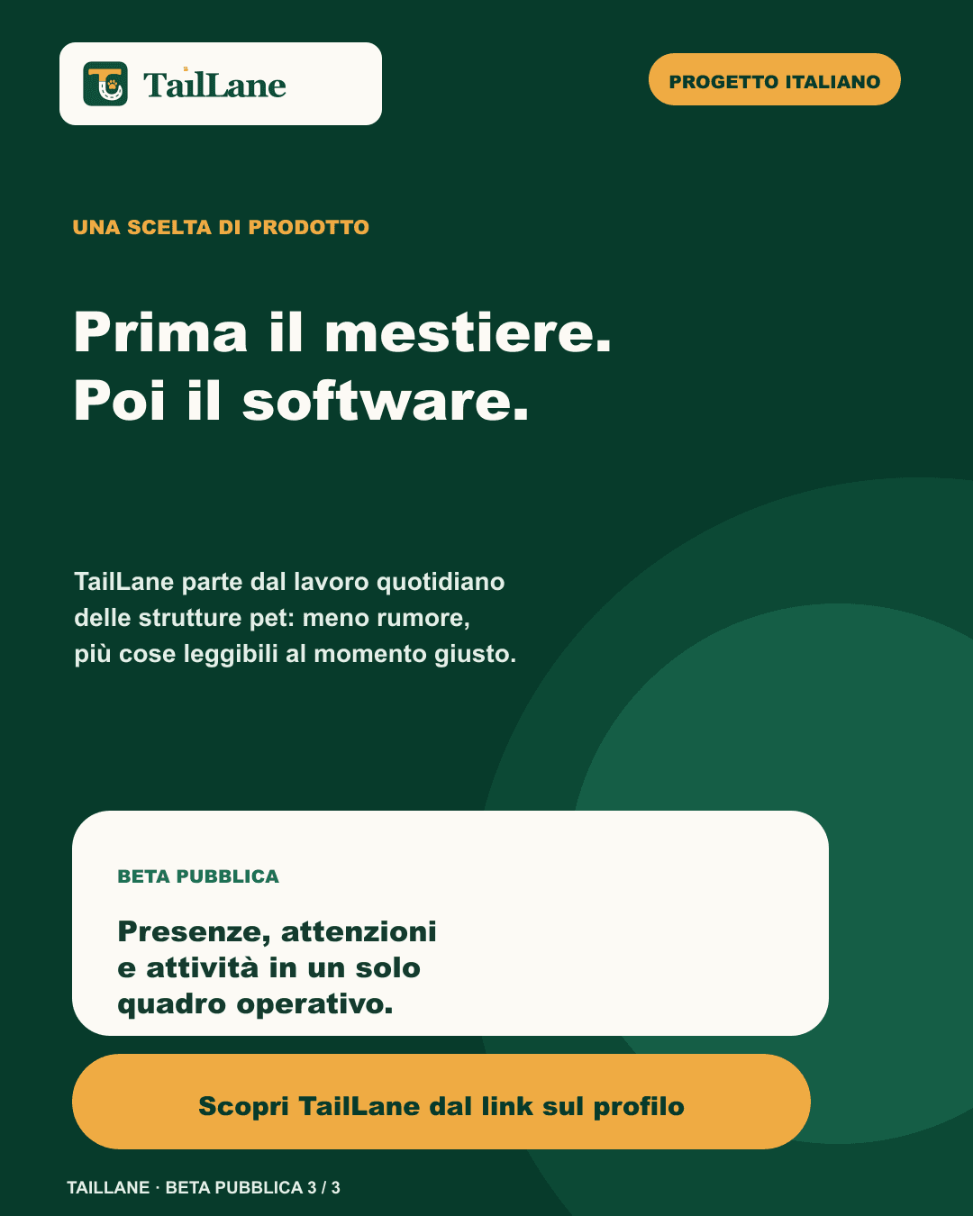 Dark-green slide titled The job first. Then the software. explaining that TailLane starts from the daily work of pet-care facilities and brings guests present, items needing attention and tasks into one operational view, with a neutral call to action towards the profile link.