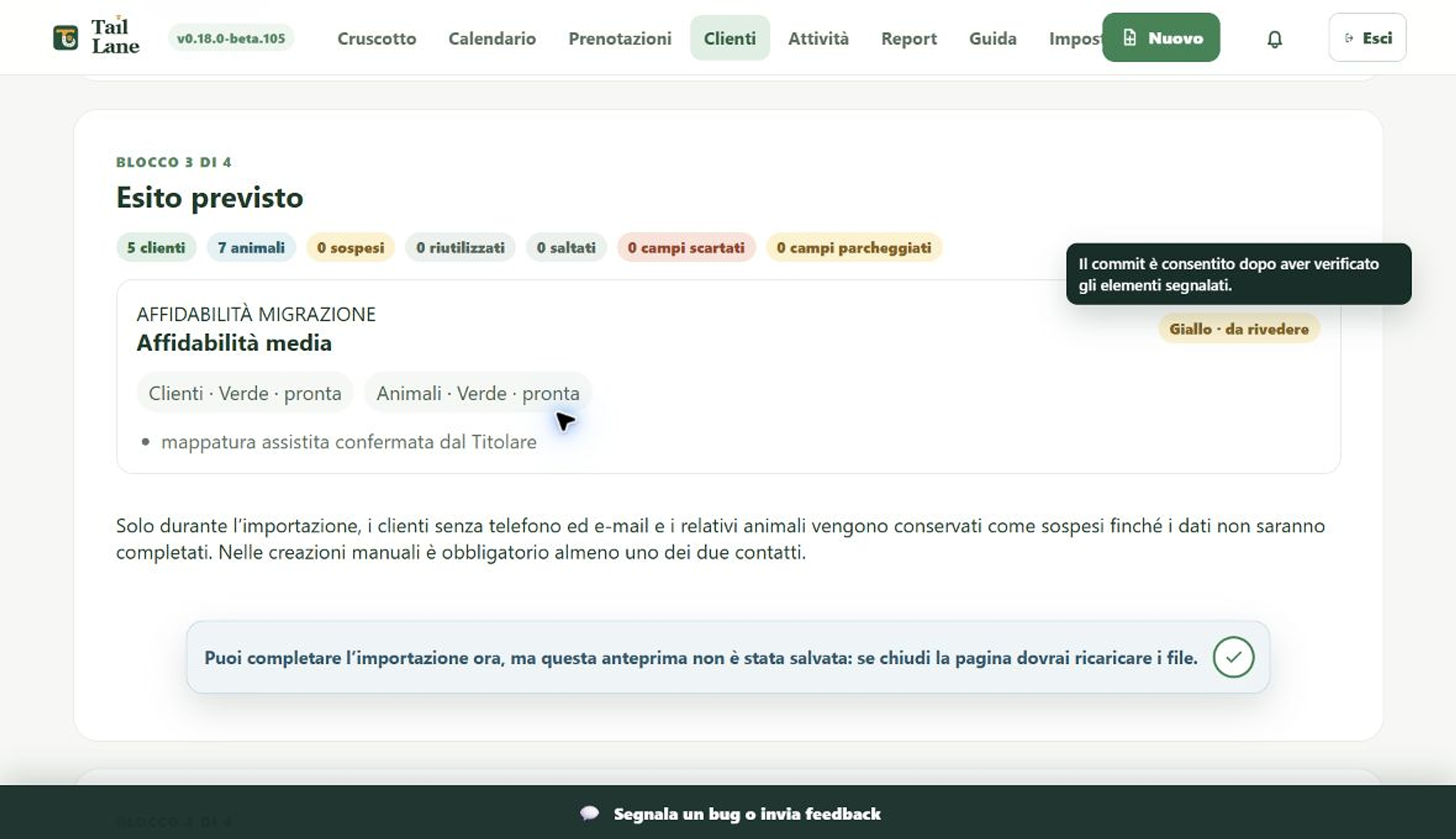 TailLane migration preview with expected customers, pets and reliability