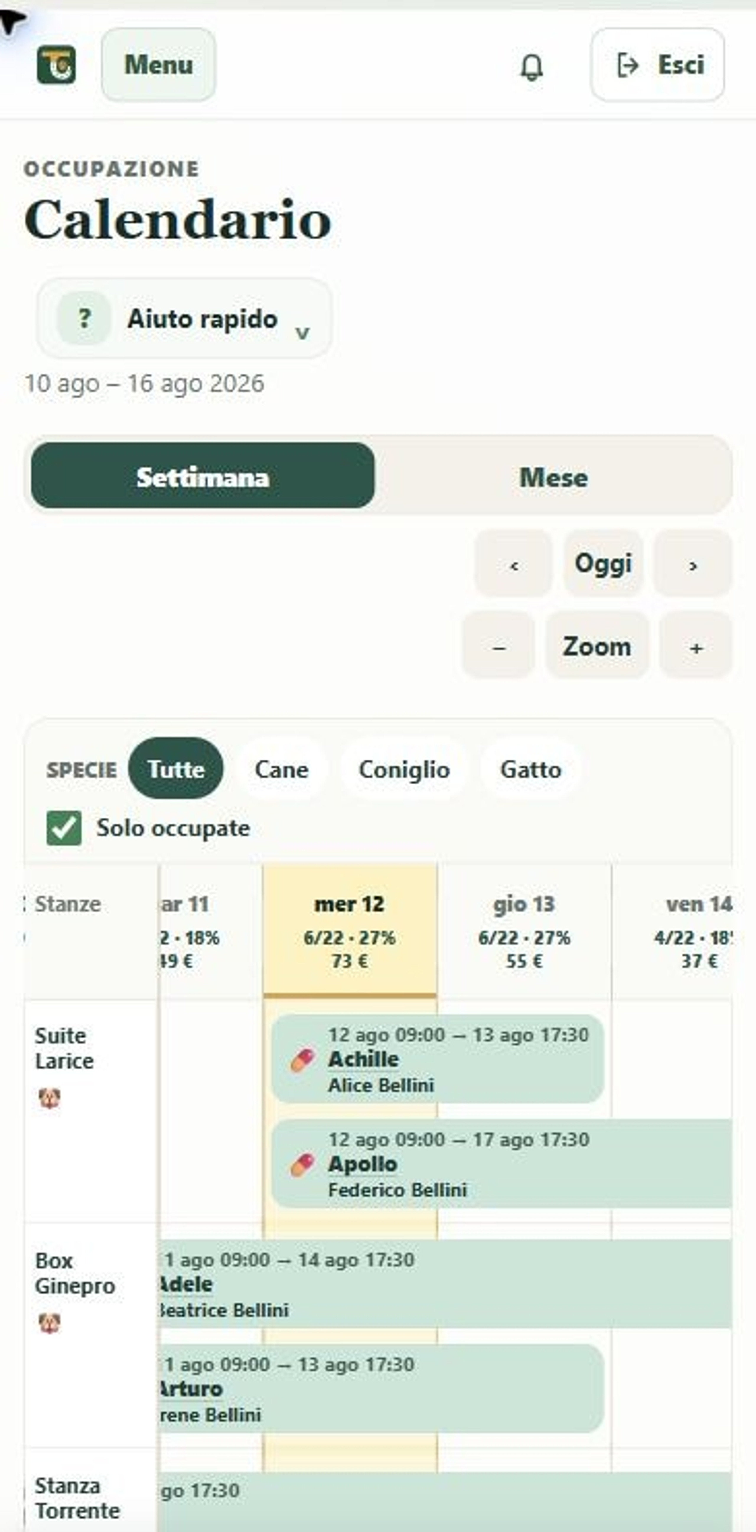 TailLane mobile weekly calendar filtered to occupied rooms