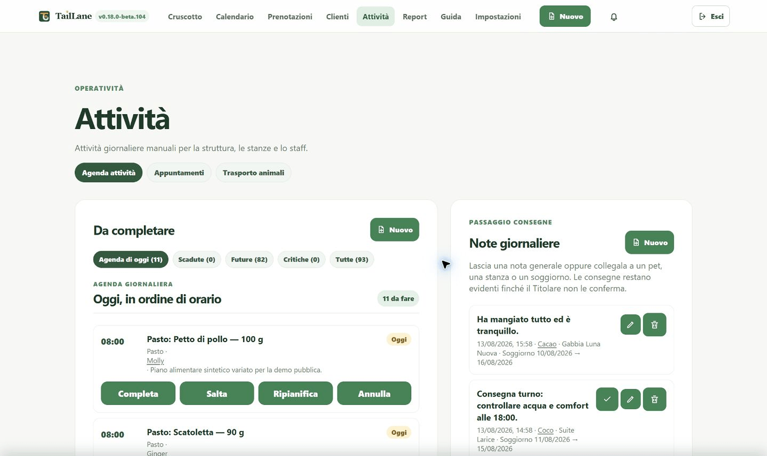 TailLane task agenda with meals, guests, times and operational actions
